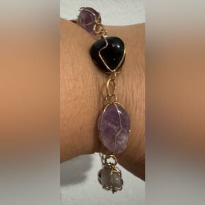 Vintage Artisan Made Caged Purple, Black & White stones Wire Wrapped Bracelet.